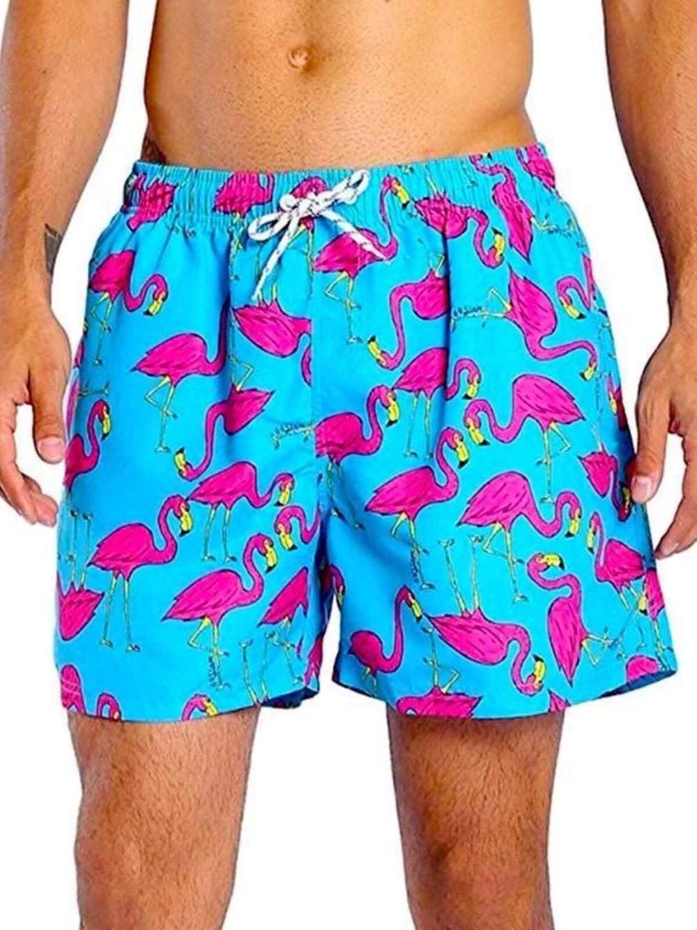 Bright Blue Flamingo-Print Men's Swim Trunks, Sz. Large